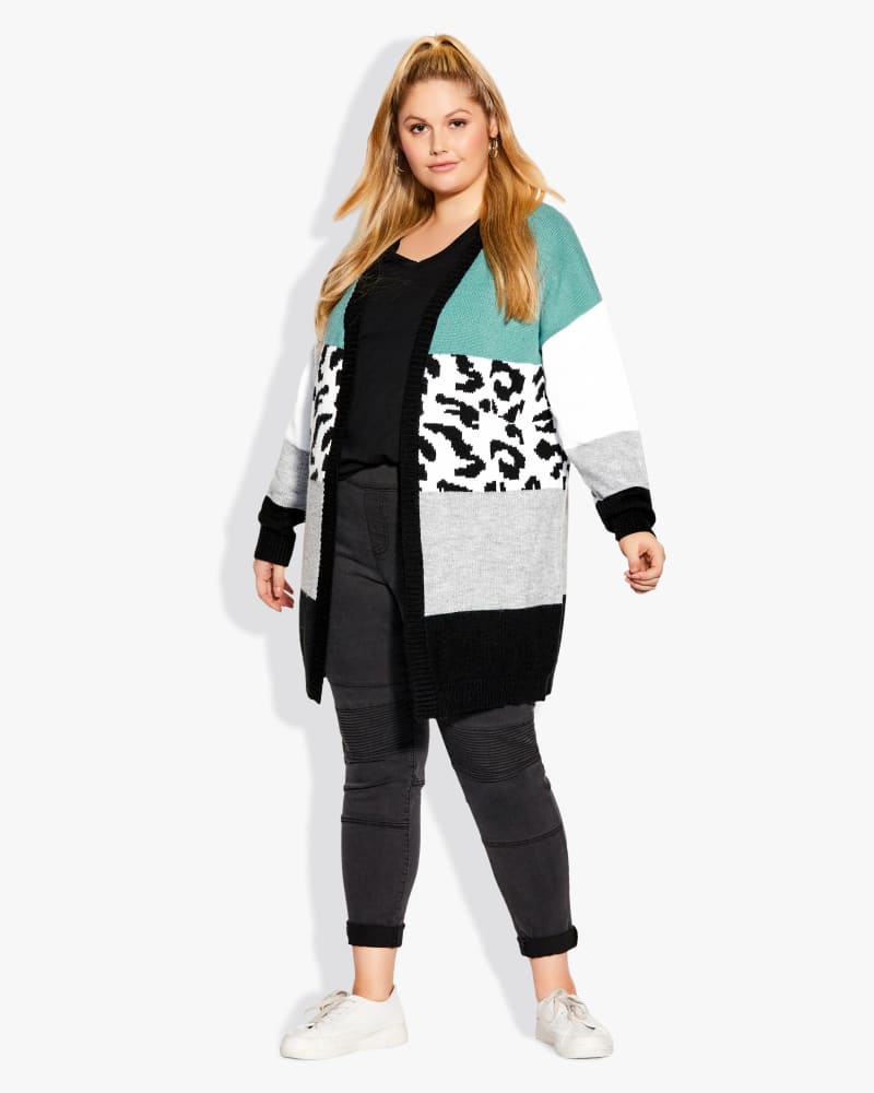 Plus size model wearing Emmy Colorblock Cardigan by Loralette | Dia&Co | dia_product_style_image_id:182060